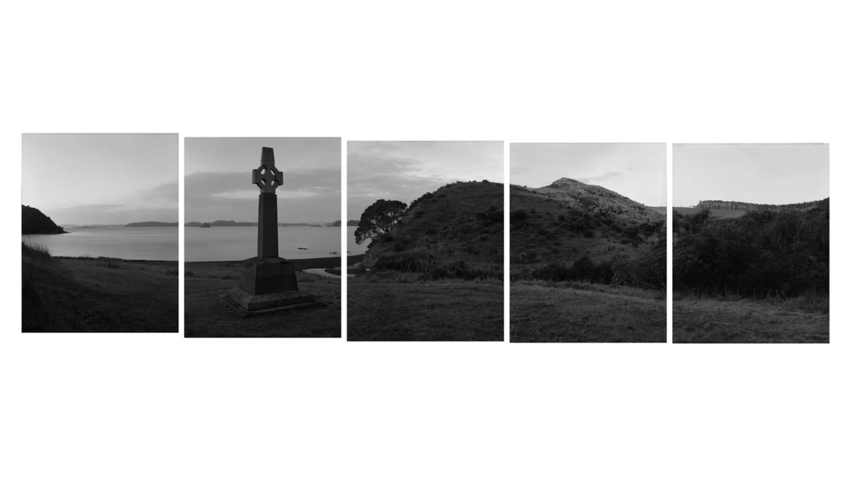 Polyptych comprised of five black and white photographic prints depicting the Marsden Memorial at Rangihoua Bay